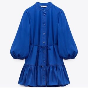 Zara royal blue cotton poplin long sleeve mini shirt dress with belt size L